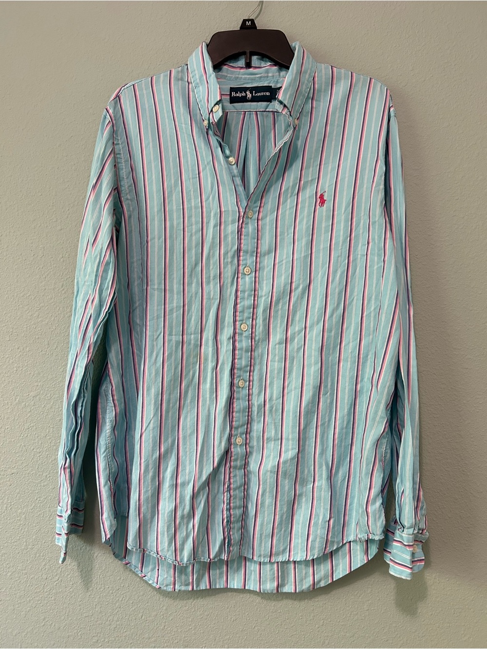 Polo Ralph Lauren Blue And Pink Striped Long Sleeve Button Up Shirt Size L - Picture 1 of 9